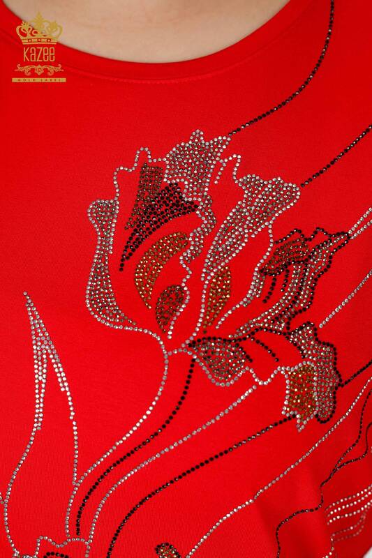 Camicetta delle donne all'ingrosso floreale modellato rosso - 79028 / KAZEE