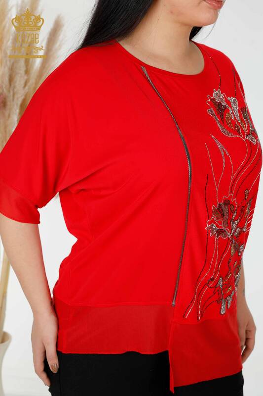 Camicetta delle donne all'ingrosso floreale modellato rosso - 79028 / KAZEE