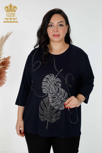 Camicetta blu navy da donna all'ingrosso con motivo a foglia - 78946 / KAZEE 