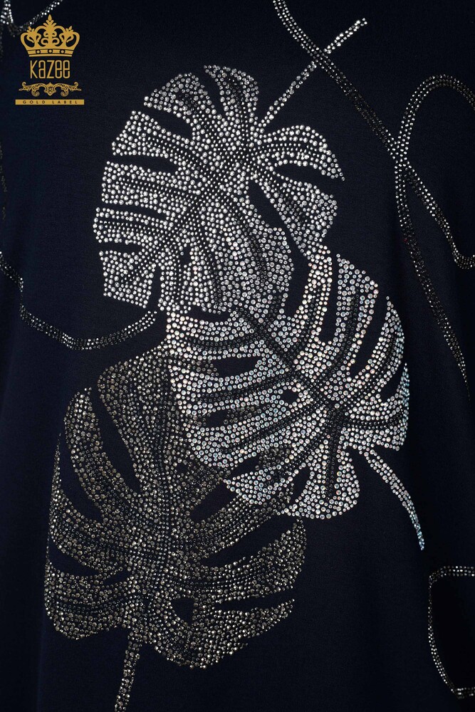 Camicetta blu navy da donna all'ingrosso con motivo a foglia - 78946 / KAZEE - 3