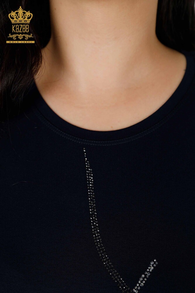 Camicetta blu navy da donna all'ingrosso con motivo a foglia - 78946 / KAZEE - 4