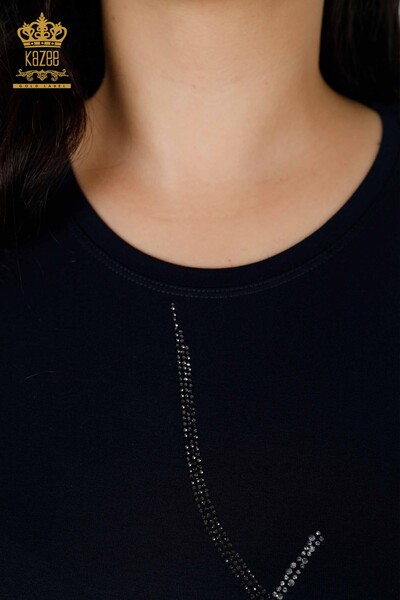 Camicetta blu navy da donna all'ingrosso con motivo a foglia - 78946 / KAZEE - 4