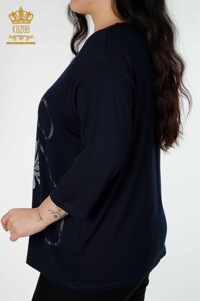 Camicetta blu navy da donna all'ingrosso con motivo a foglia - 78946 / KAZEE - 5