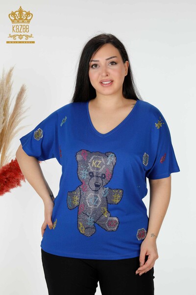 Camicetta blu scuro delle donne all'ingrosso con il modello dell'orso - 77666 / KAZEE - Thumbnail