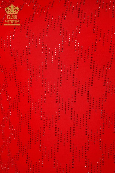 Camicetta da donna all'ingrosso con scollo a V rosso con ricamo in pietra - 79016 / KAZEE - Thumbnail