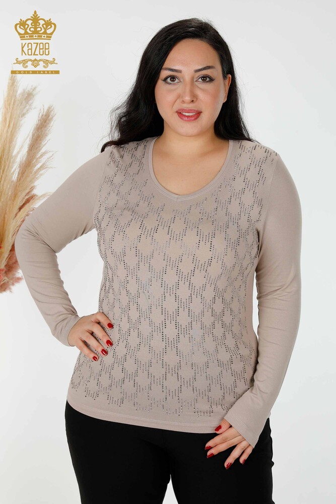 Camicetta con scollo a V da donna all'ingrosso con visone ricamato in pietra-79016 / KAZEE - 1