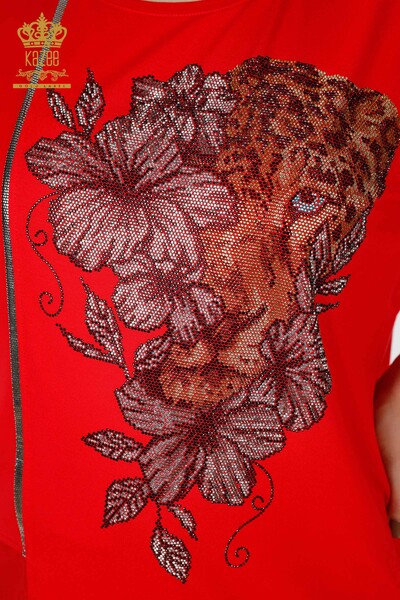 Camicetta tigre rossa delle donne all'ingrosso con motivo floreale - 79029 / KAZEE - Thumbnail