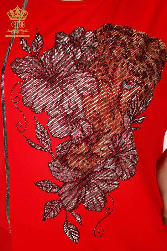 Camicetta tigre rossa delle donne all'ingrosso con motivo floreale - 79029 / KAZEE