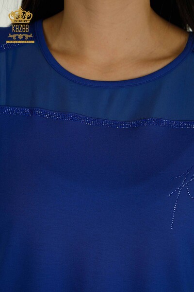 Camicetta delle donne all'ingrosso Tulle dettagliata blu scuro - 78996 / KAZEE - Thumbnail