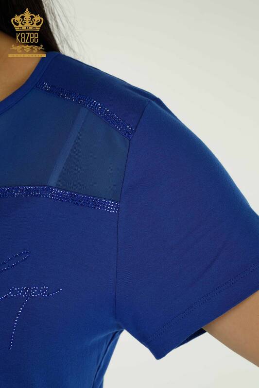 Camicetta delle donne all'ingrosso Tulle dettagliata blu scuro - 78996 / KAZEE