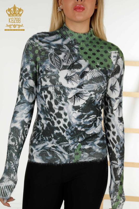 Maglione delle donne all'ingrosso Angora stampa digitale verde-16011 / KAZEE