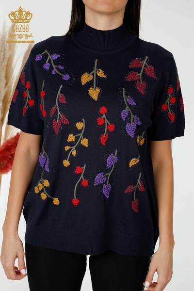 Maglieria donna all'ingrosso con motivo a foglia blu navy - 16753 / KAZEE - 2