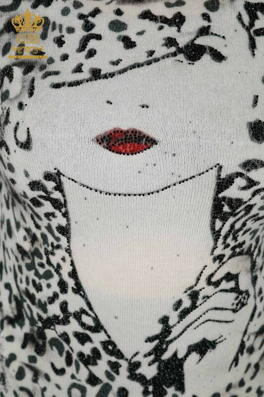 Maglione delle donne all'ingrosso Angora stampa digitale Ecru -18996 / KAZEE