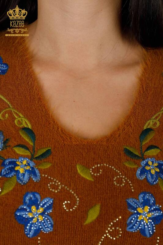 Maglione di maglieria delle donne all'ingrosso Angora senape con motivo floreale-18917 / KAZEE