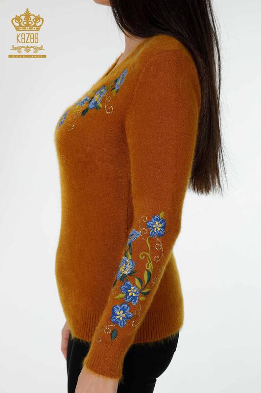 Maglione di maglieria delle donne all'ingrosso Angora senape con motivo floreale-18917 / KAZEE