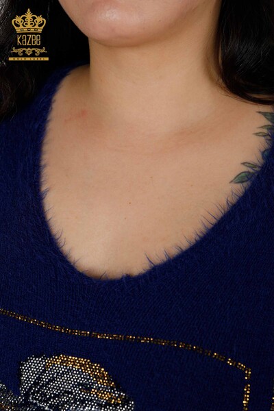 Maglione a maglia da donna all'ingrosso con motivo Angora blu scuro - 16995 / KAZEE - Thumbnail