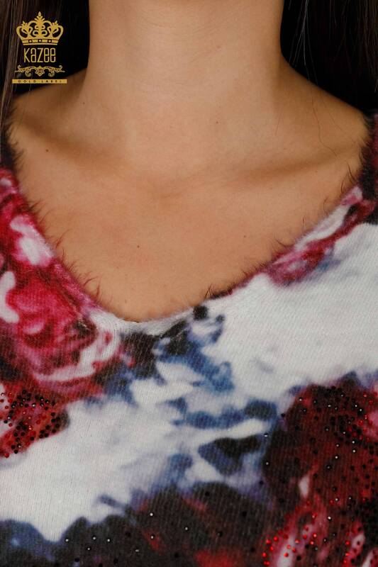Maglione a maglia da donna all'ingrosso con motivo Angora-Rosso-18966 / KAZEE