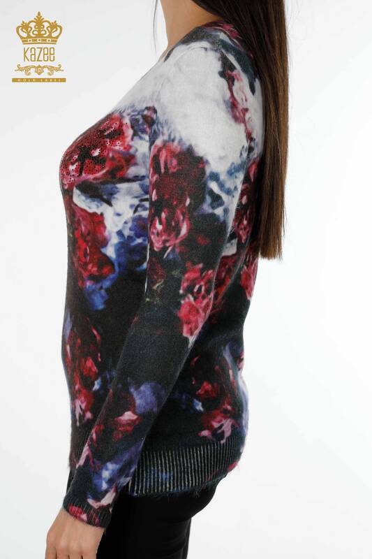 Maglione a maglia da donna all'ingrosso con motivo Angora-Rosso-18966 / KAZEE