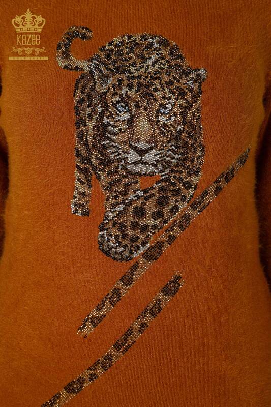 Maglione a maglia da donna all'ingrosso con motivo Angora-Tigre-Senape - 18957 / KAZEE