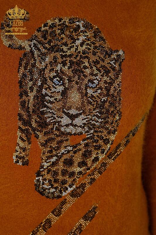 Maglione a maglia da donna all'ingrosso con motivo Angora-Tigre-Senape - 18957 / KAZEE