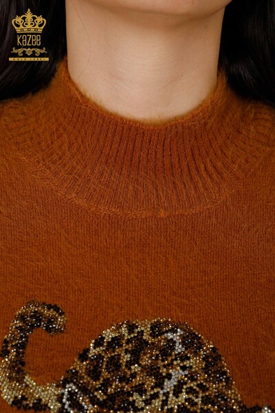 Maglione a maglia da donna all'ingrosso con motivo Angora-Tigre-Senape - 18957 / KAZEE - Thumbnail