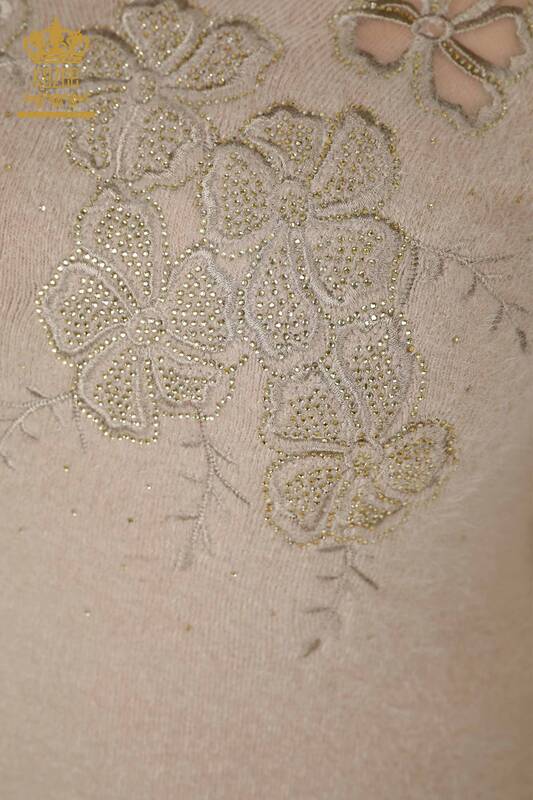 Maglione maglieria donna all'ingrosso Angora-Tulle dettagliato Beige - 18918 / KAZEE