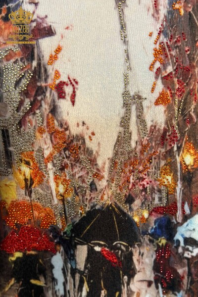 Maglione a maglia da donna all'ingrosso con ricamo in pietra Angora Beige-18972 / KAZEE - Thumbnail