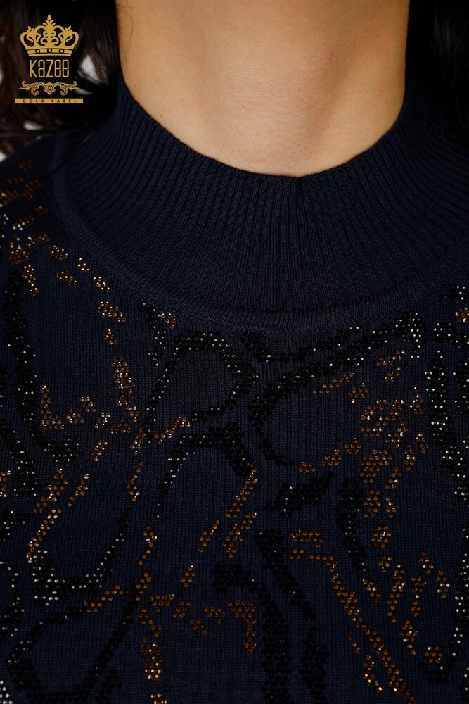 Maglione a maglia da donna all'ingrosso con ricamo in pietra di cristallo blu navy - 30008 / KAZEE - 4