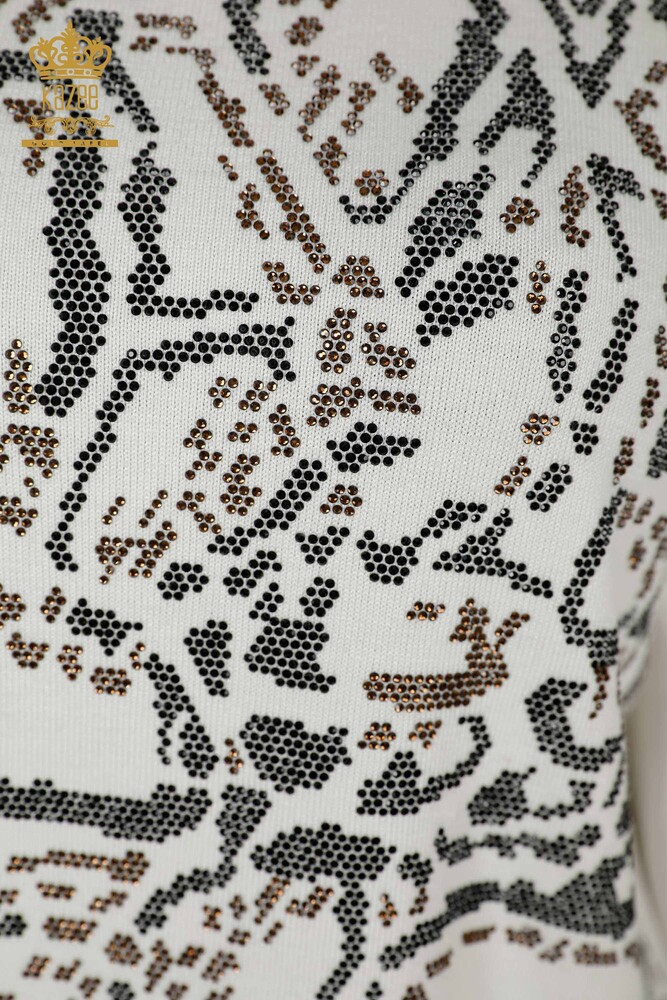 Maglione di maglieria delle donne all'ingrosso con pietra di cristallo ricamo Ecru -30008 / KAZEE - 3