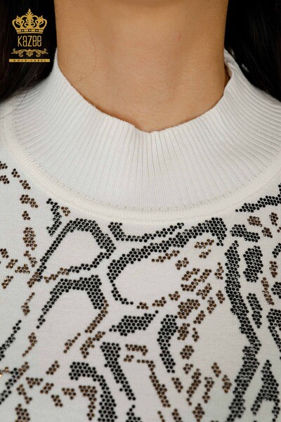 Maglione di maglieria delle donne all'ingrosso con pietra di cristallo ricamo Ecru -30008 / KAZEE - 4