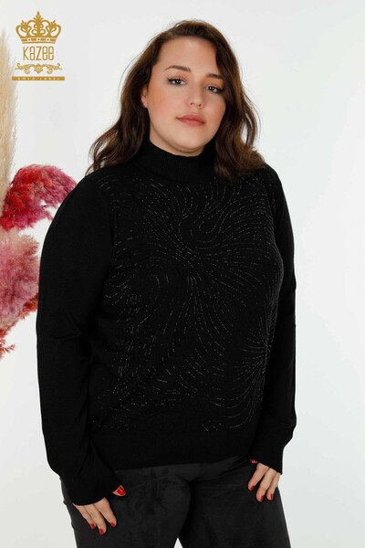 Maglione a maglia da donna all'ingrosso con ricamo in pietra di cristallo nero-30018 / KAZEE - Thumbnail