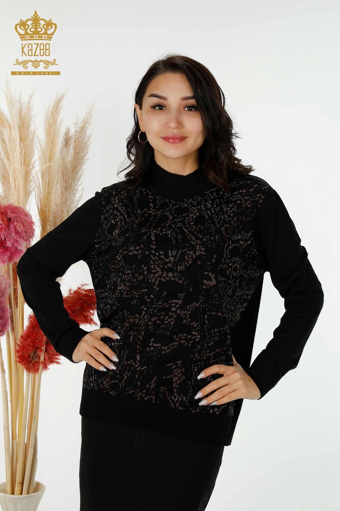 Maglione a maglia da donna all'ingrosso con ricamo in pietra di cristallo nero-30008 / KAZEE - 1