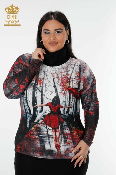 Maglione di maglieria delle donne all'ingrosso con il modello di stampa digitale-16917 / KAZEE - Thumbnail