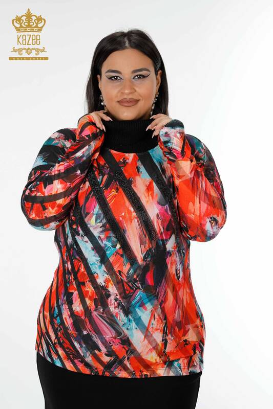 Maglione di maglieria delle donne all'ingrosso con il modello di stampa digitale-16916 / KAZEE