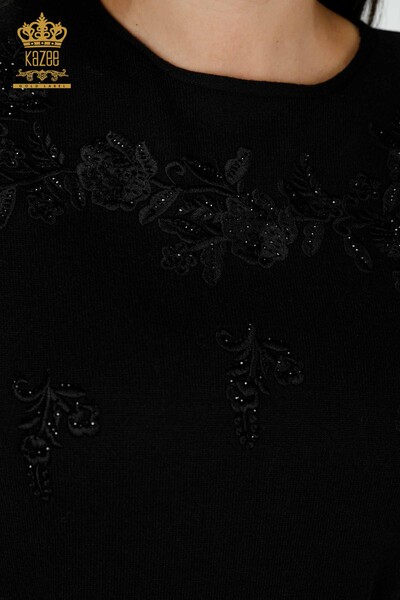 Maglione maglieria donna all'ingrosso nero con motivo floreale-16800 / KAZEE - Thumbnail