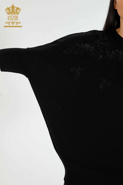 Maglione maglieria donna all'ingrosso nero con motivo floreale-16800 / KAZEE - Thumbnail