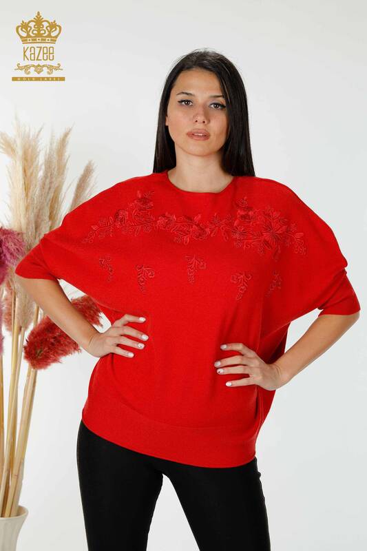 Maglione di maglieria delle donne all'ingrosso con motivo floreale rosso-16800 / KAZEE