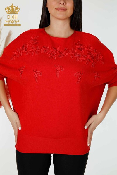 Maglione di maglieria delle donne all'ingrosso con motivo floreale rosso-16800 / KAZEE - Thumbnail