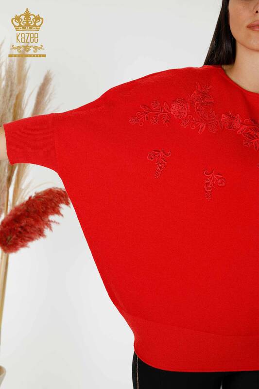 Maglione di maglieria delle donne all'ingrosso con motivo floreale rosso-16800 / KAZEE