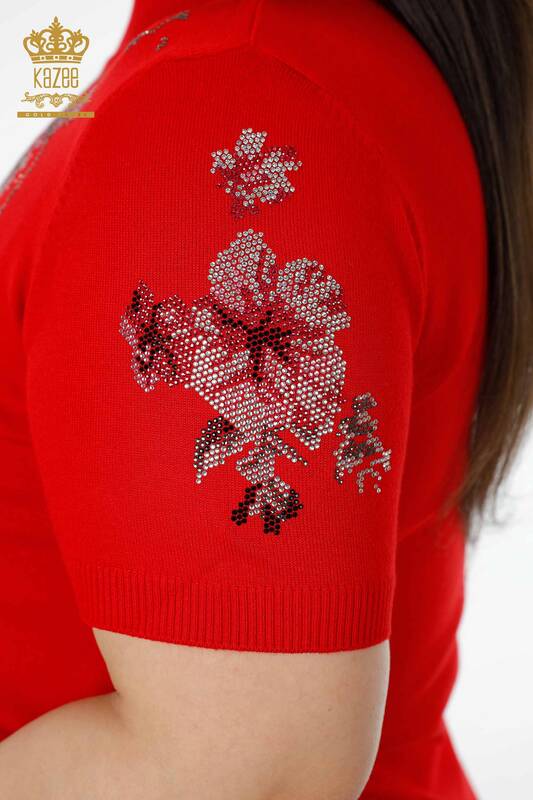 Maglione a maglia da donna all'ingrosso con motivo floreale rosso-16749 / KAZEE