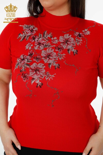 Maglione a maglia da donna all'ingrosso con motivo floreale rosso-16749 / KAZEE - Thumbnail