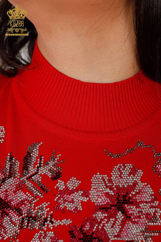 Maglione a maglia da donna all'ingrosso con motivo floreale rosso-16749 / KAZEE
