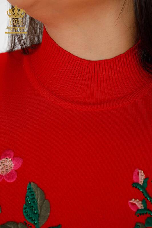 Maglione maglieria donna all'ingrosso con motivo floreale rosso-16769 / KAZEE