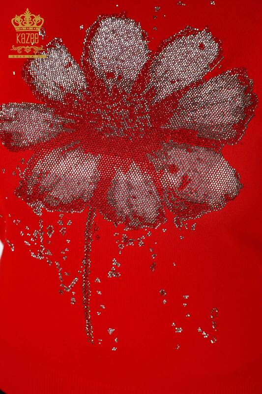 Maglione di maglieria delle donne all'ingrosso con motivo floreale rosso-16912 / KAZEE