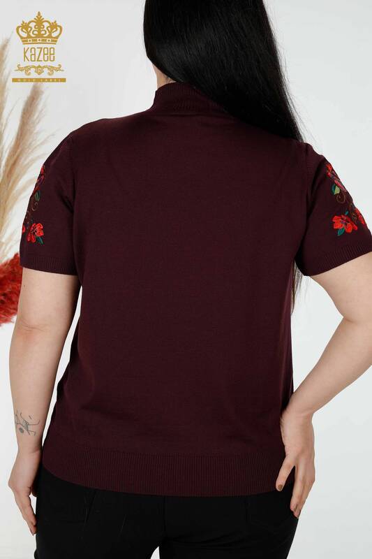 Maglione a maglia da donna all'ingrosso con motivo floreale viola-15876 / KAZEE