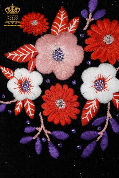 Maglione a maglia da donna all'ingrosso con motivo floreale Angora-Nero-18919 / KAZEE - Thumbnail