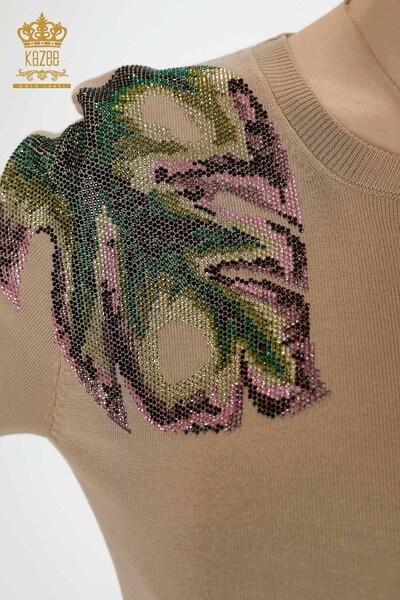 Maglione a maglia da donna all'ingrosso con motivo a foglia Beige-16939 / KAZEE - Thumbnail