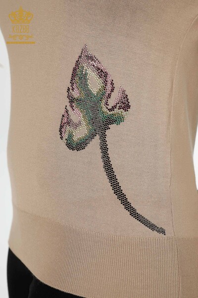 Maglione a maglia da donna all'ingrosso con motivo a foglia Beige-16939 / KAZEE - Thumbnail