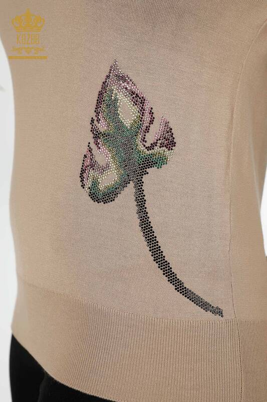 Maglione a maglia da donna all'ingrosso con motivo a foglia Beige-16939 / KAZEE