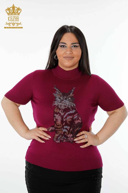 Maglione di maglieria delle donne all'ingrosso con il modello del gatto viola chiaro-16910 / KAZEE
